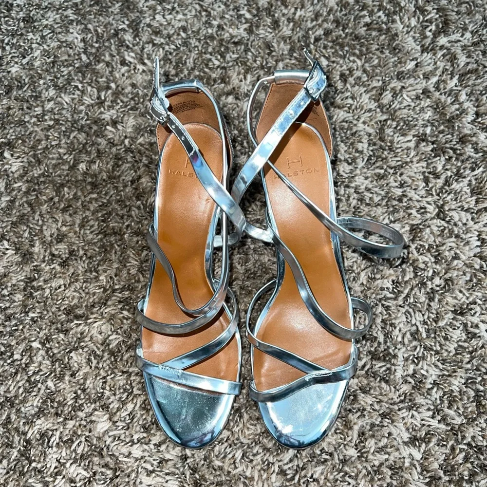 H by Halston Metallic Silver Strappy Heels Size 7